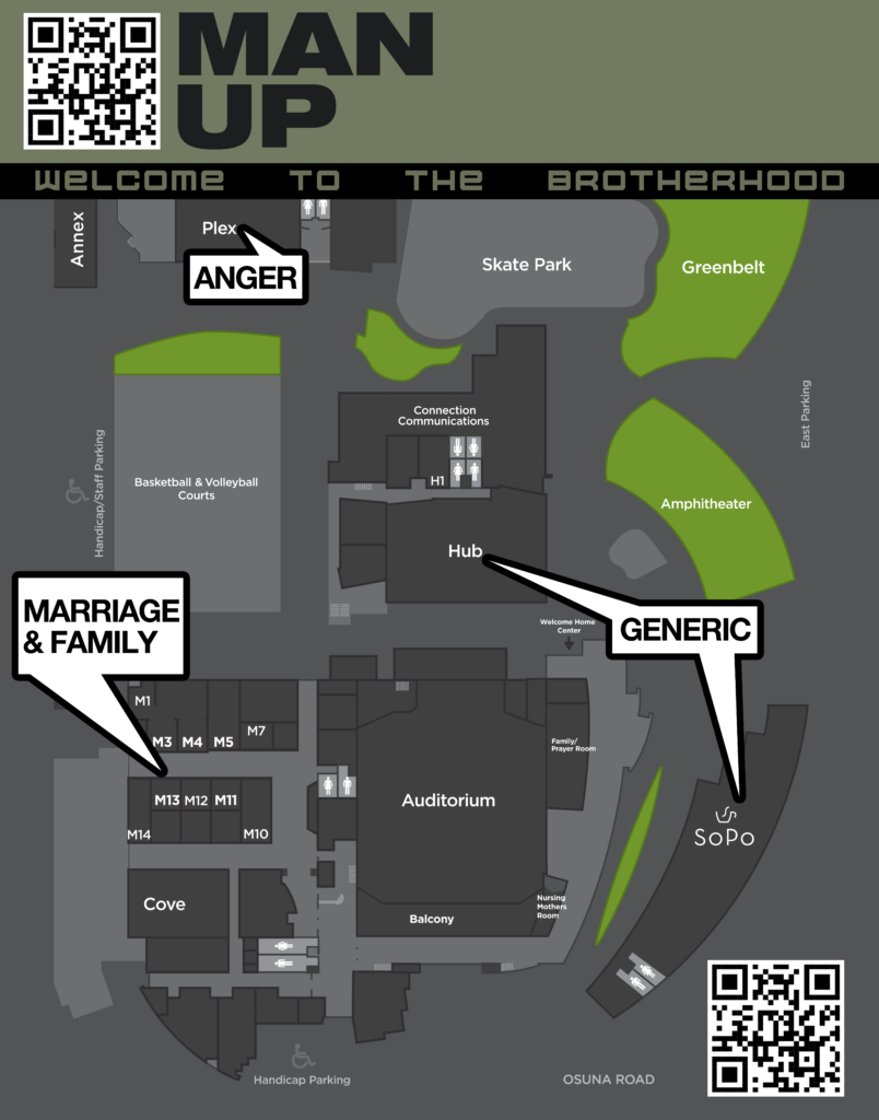 Map of Osuna campus with callouts showing marriage and family in Children's ministry, Anger in the Plex, and Generic in the HUB and SoPo